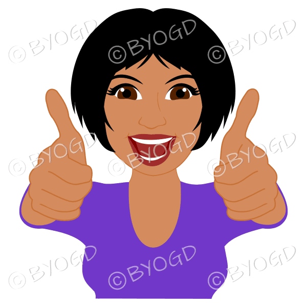 Thumbs up woman with short black hair and purple top