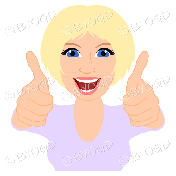 Thumbs up woman with short blonde hair and purple top