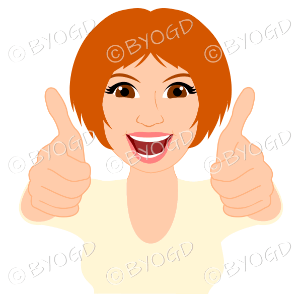 Thumbs up woman with short ginger red hair and yellow top