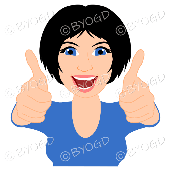 Thumbs up woman with short black hair and blue top