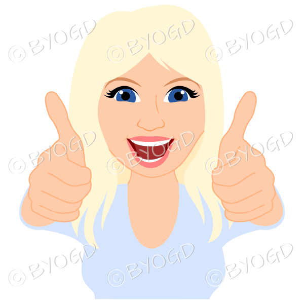 Thumbs up woman with long blonde hair and blue top