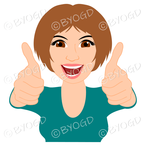Thumbs up woman with short brown hair and turquoise blue top