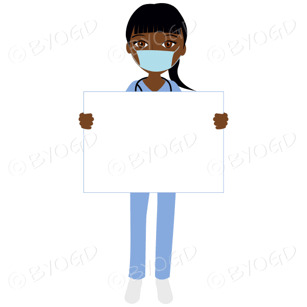 Female doctor or nurse with long dark hair and skin wearing blue scrubs holding a noticeboard