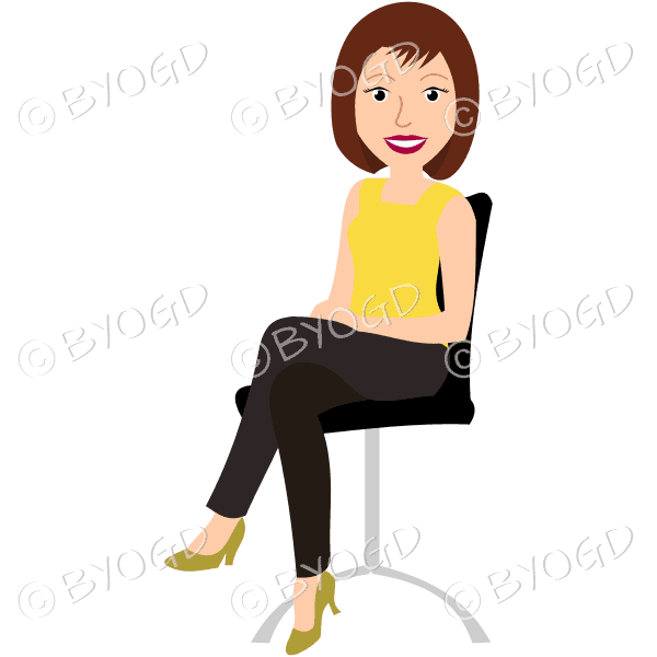 (Yellow top) A woman sitting on a swivel office chair