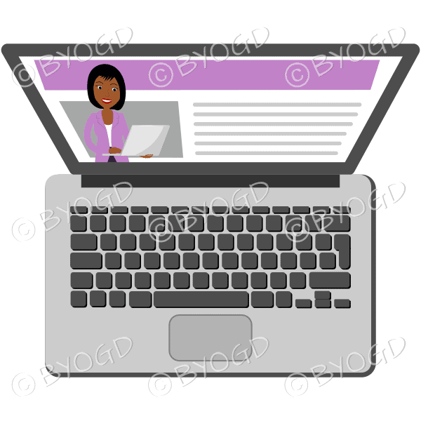(Pink top) A laptop with a woman with short black hair on the screen