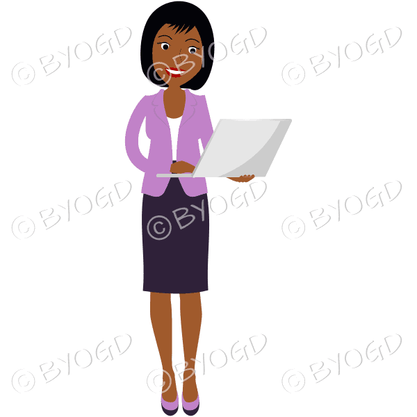 (Pink top) A woman standing and holding a laptop