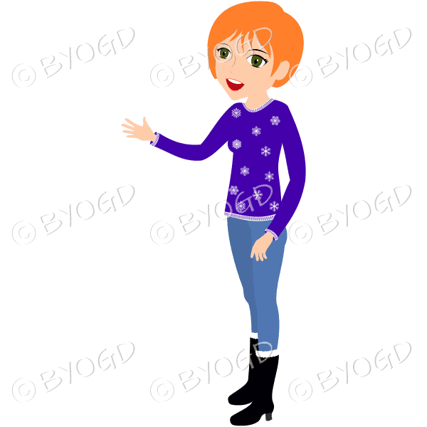 (Short red hair) A woman wearing a purple jumper, jeans and boots