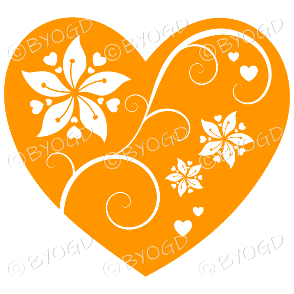 Hearts, flowers and swirls - white on orange