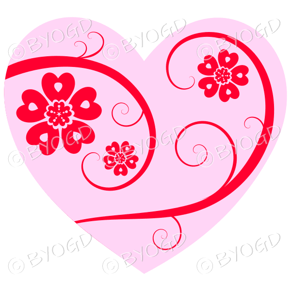 Hearts, flowers and swirls - red on pink