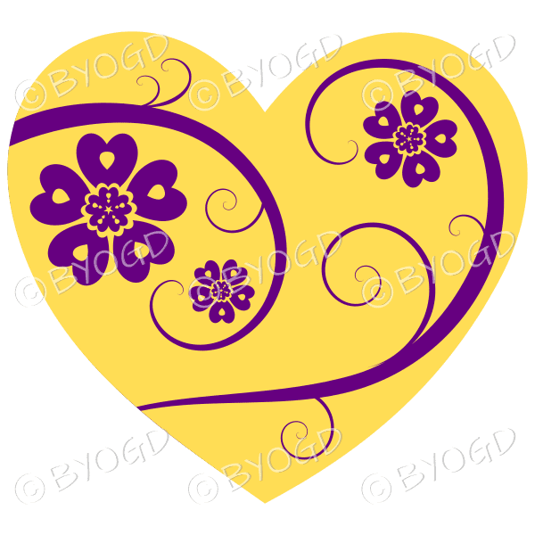 Hearts, flowers and swirls - purple on yellow