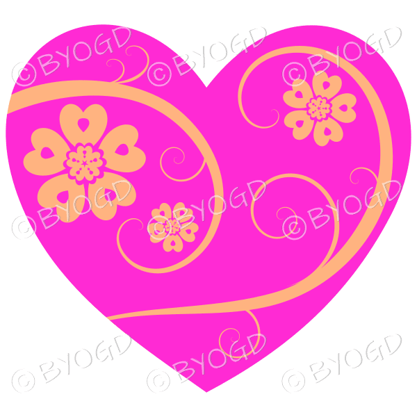 Hearts, flowers and swirls - yellow on dark pink