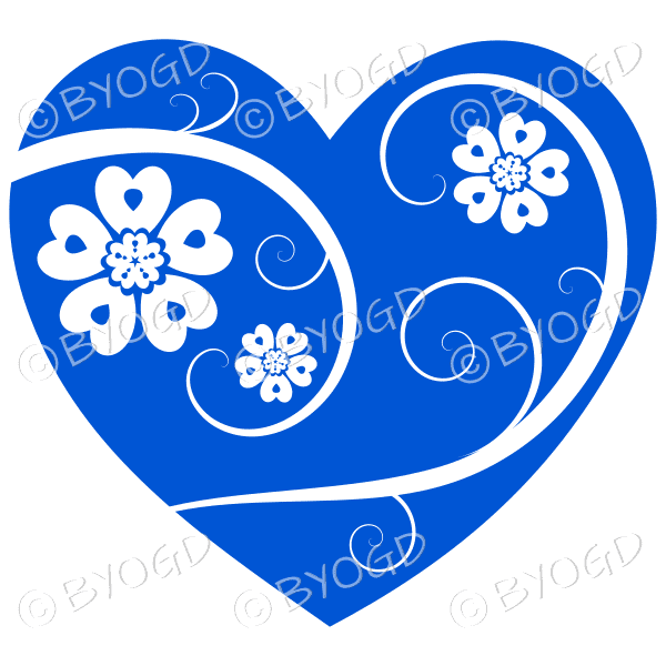 Hearts, flowers and swirls - white on blue