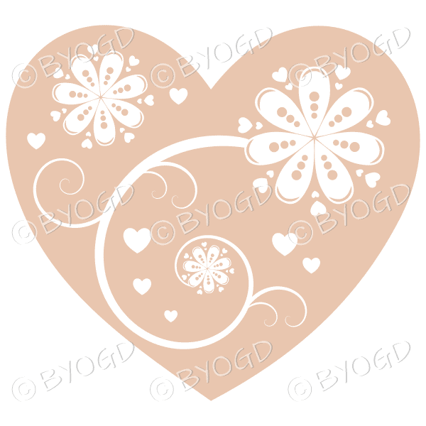 Hearts, flowers and swirls - white on beige