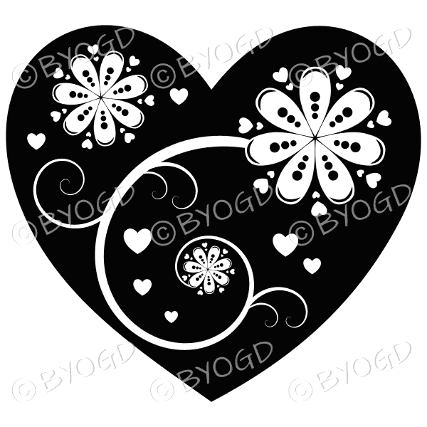 Hearts, flowers and swirls - white on black