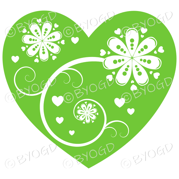 Hearts, flowers and swirls - white on bright green
