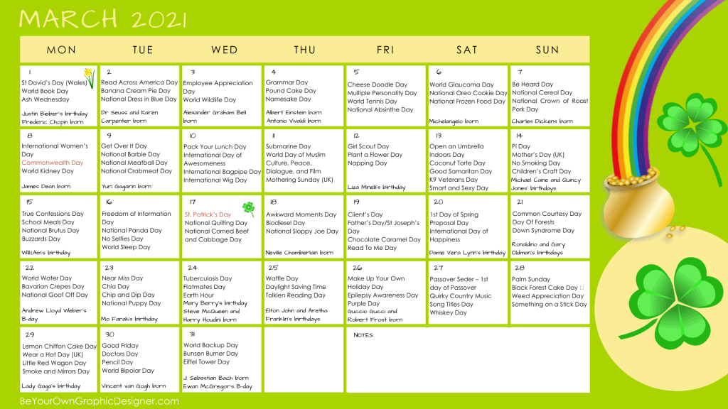 Monthly Calendar March 2021