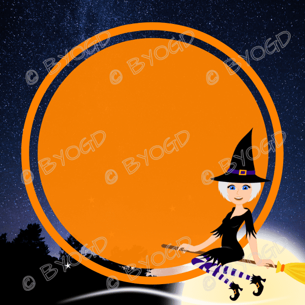 Halloween Background: Orange circle with witch (light skin)