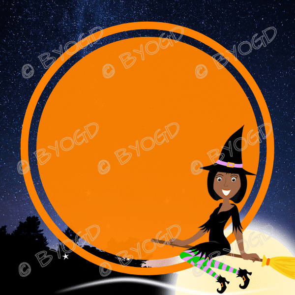 Halloween Background: Orange circle with witch (dark skin)