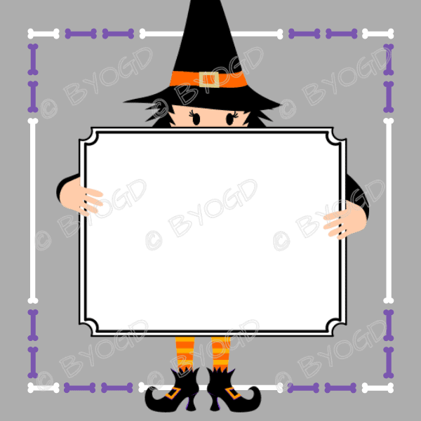 Halloween Background: Grey background with witch holding board for your own message