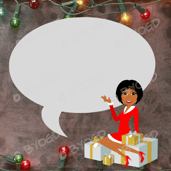 Christmas background: Grey speech bubble with elf sitting on a present