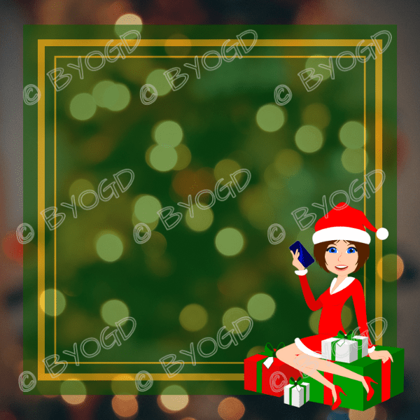 Christmas background: Green with yellow square and elf sitting on present