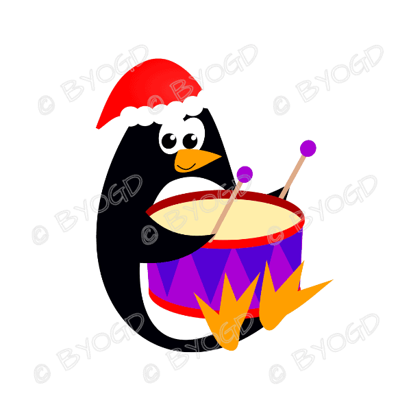 Christmas Penguins: A Penguin in a Santa hat beating a drum