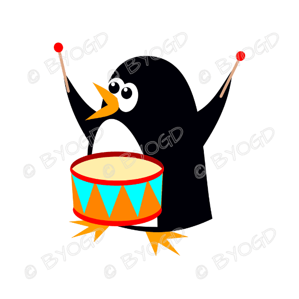 Christmas Penguins: A Penguin with flippers in the air banging a drum