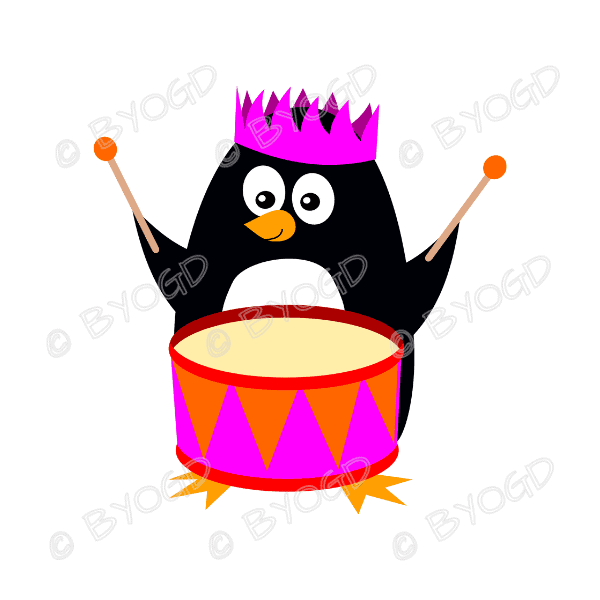 Christmas Penguins: A Penguin wearing a pink paper hat banging a pink and orange drum