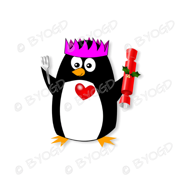 Christmas Penguins: A Penguin wearing a pink paper hat and carrying a red cracker