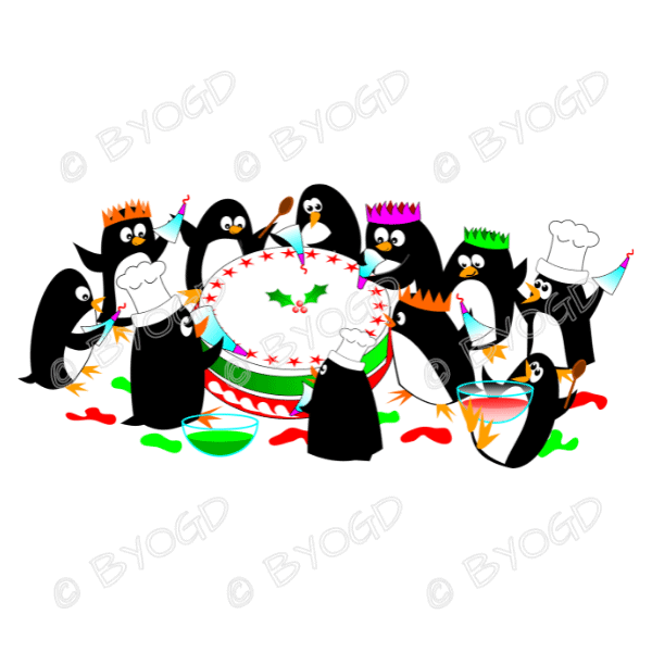 Christmas Penguins: A group of 11 Penguins piping a Christmas cake