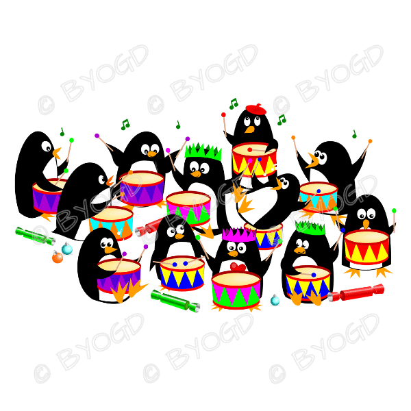 Christmas Penguins: A group of 12 Penguins playing the drums