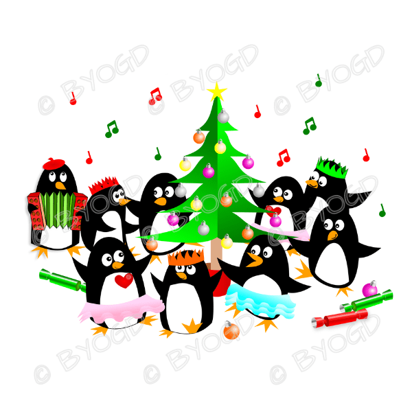 Christmas Penguins: A group of 9 Penguins dancing around a Christmas tree