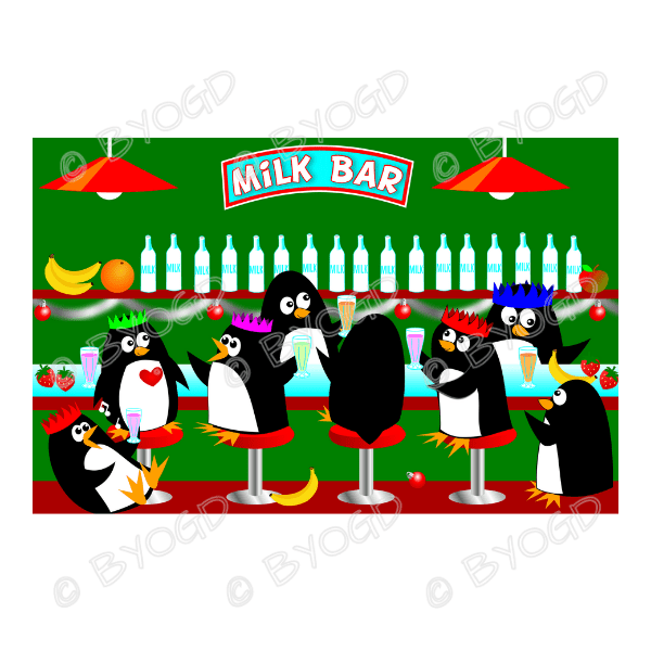 Christmas Penguins: A group of Penguins meeting at a Milk Bar