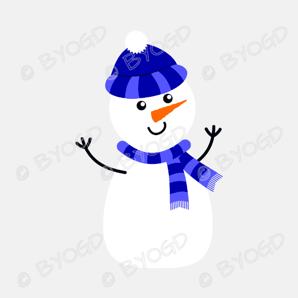 Snowpeople: A snowman wearing a blue stripy hat and scarf