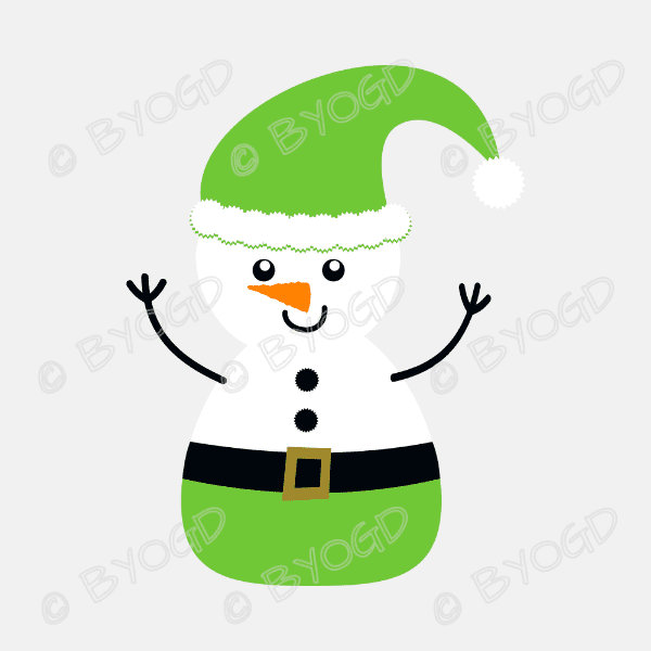Snowpeople: A snowman wearing a green Santa hat